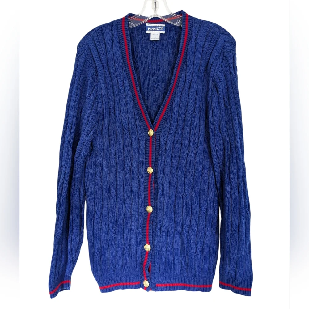 Vtg Pendleton Blue Cardigan Sweater Gold  Button Front Cable Knit Small V Neck S